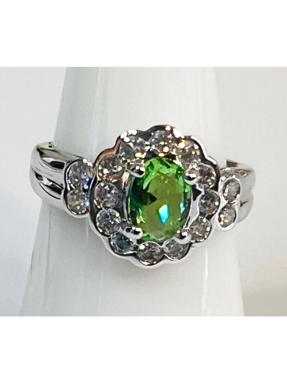 Ring Bomb Party Ring #2894, LC green topaz feminine, brilliant, avant garde